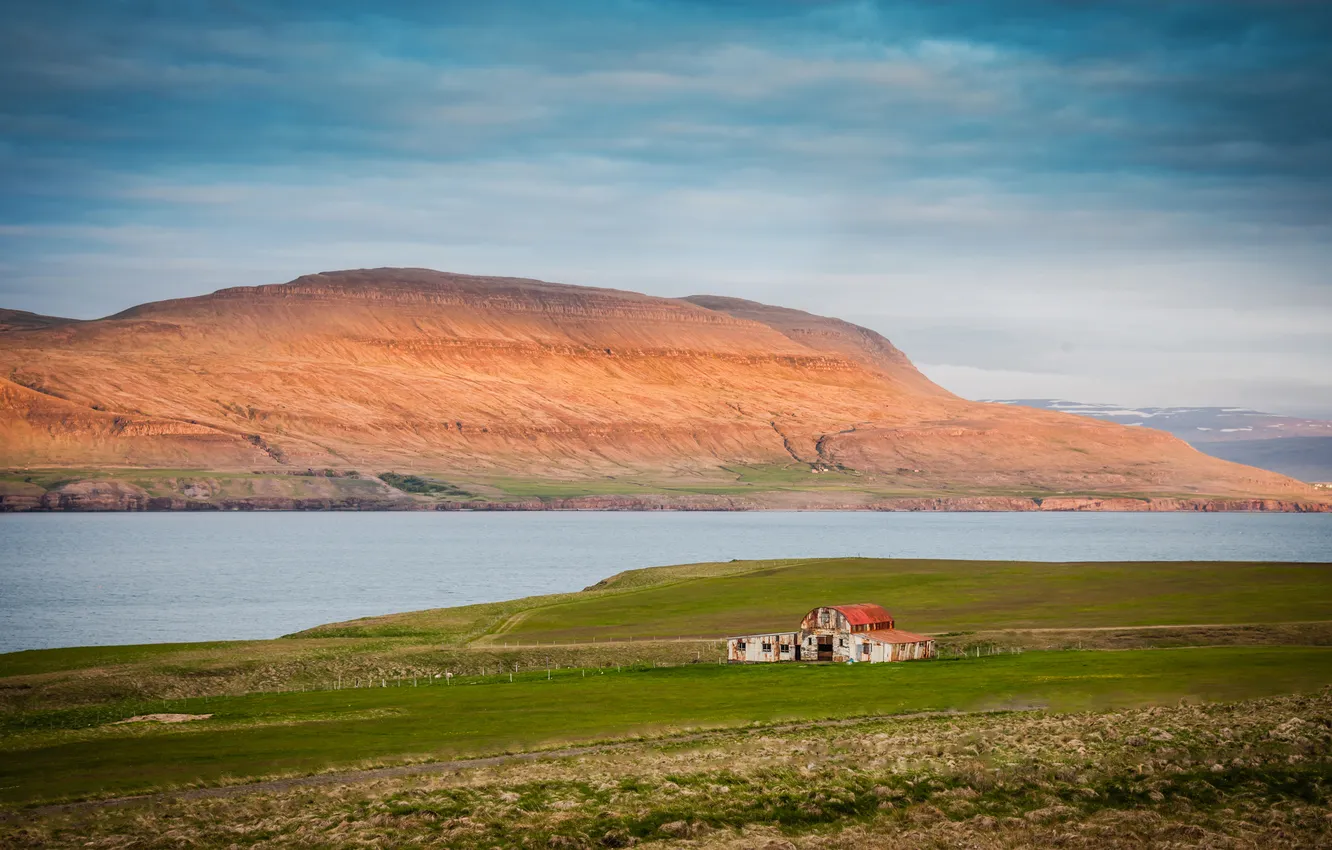 Photo wallpaper field, clouds, mountains, river, blue, rocks, shore, space
