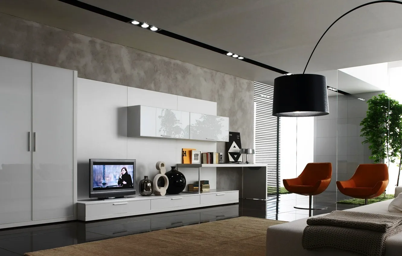 Photo wallpaper design, style, room, furniture, lamp, interior, TV, chairs