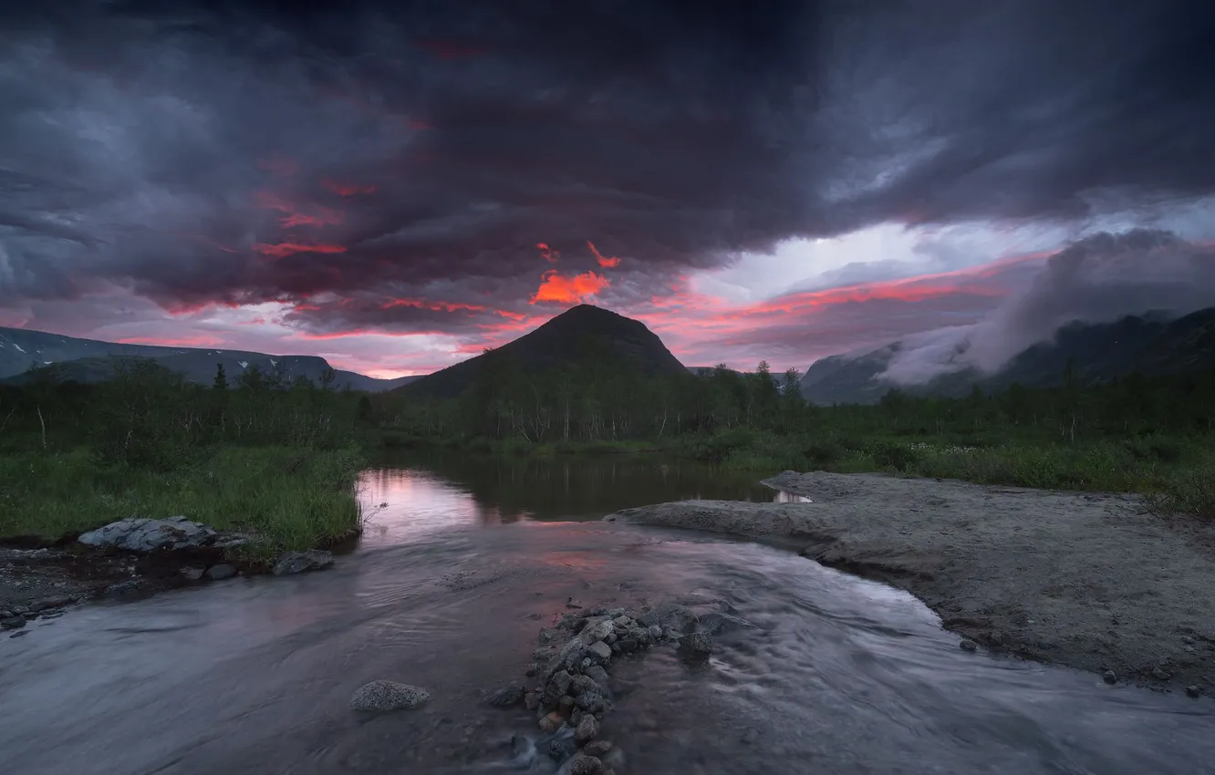 Photo wallpaper forest, mountains, clouds, horizon, river, Picturesque Landscape, Istomin Vitaly, Khibiny at sunset