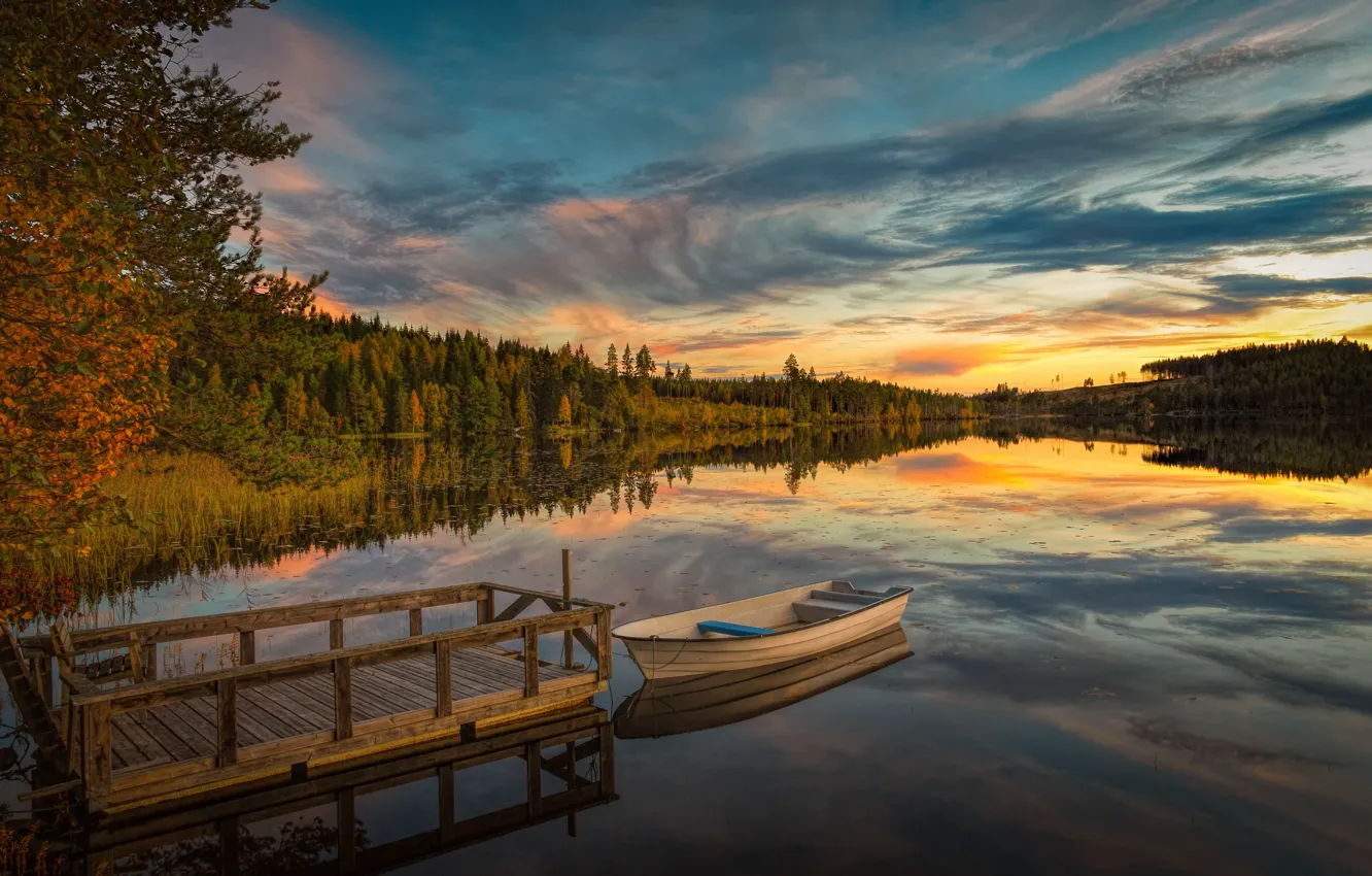 Photo wallpaper forest, the sky, clouds, sunset, lake, reflection, boat, the evening