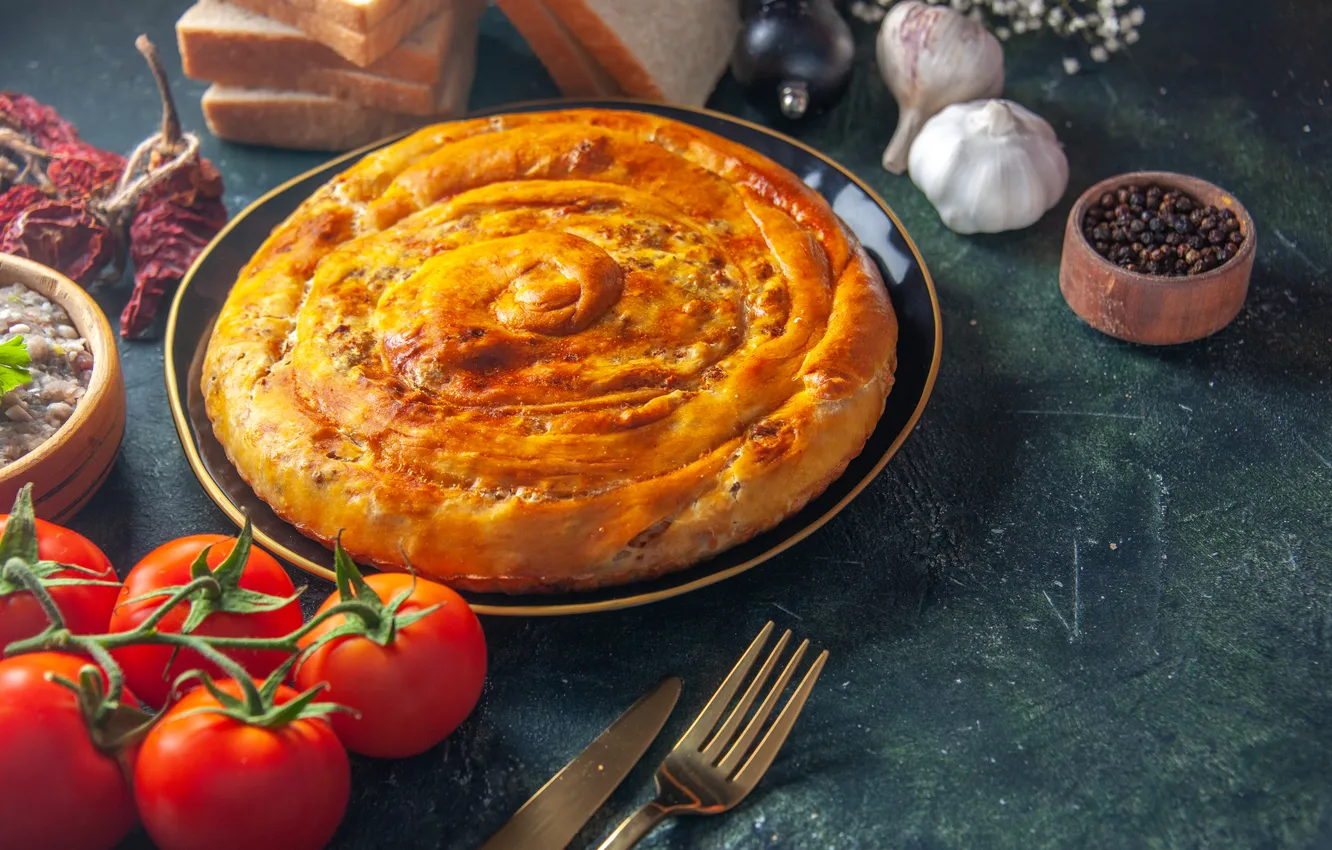 Photo wallpaper cake, food, tomatoes, pie, pastry, Pan, meat pie