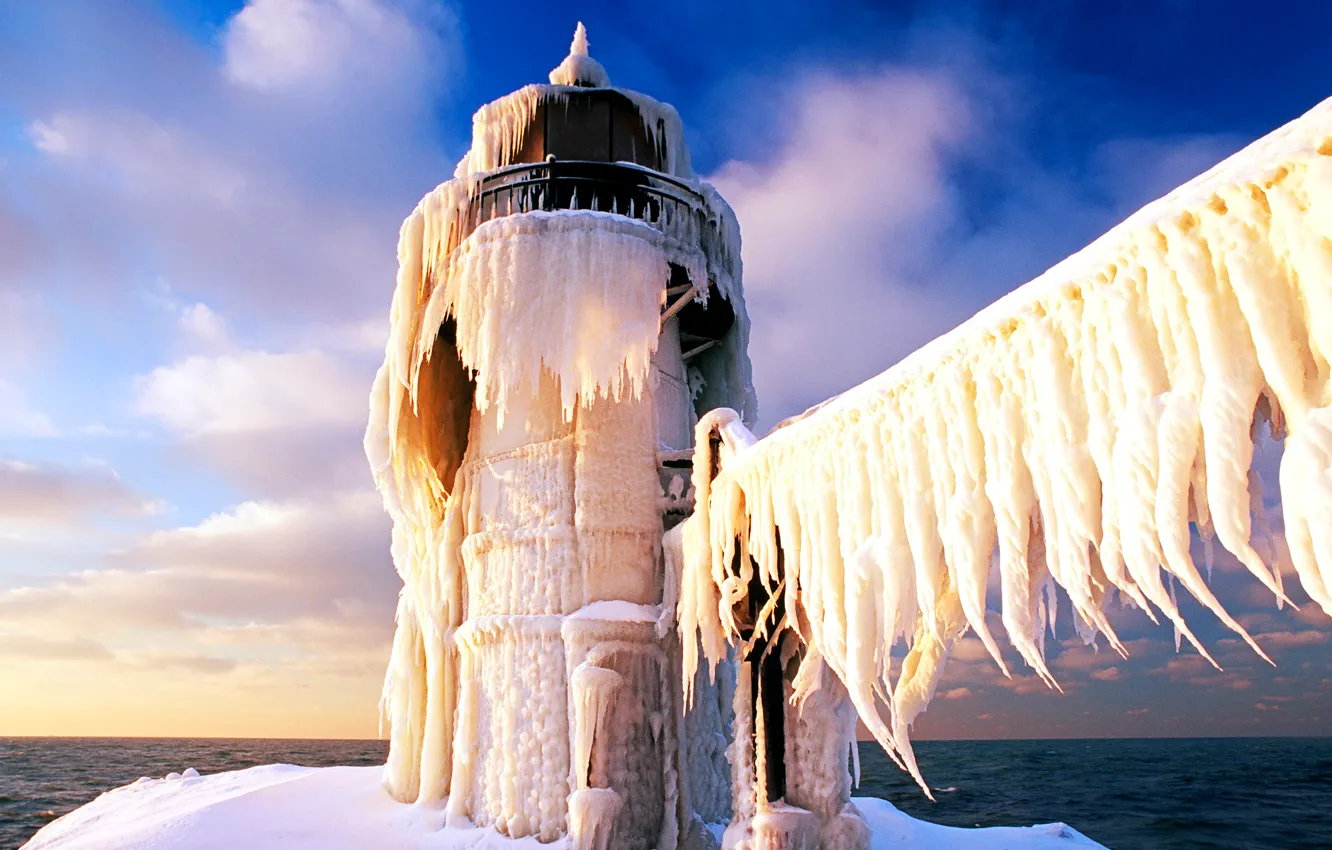 Photo wallpaper ice, winter, sea, the sky, lighthouse