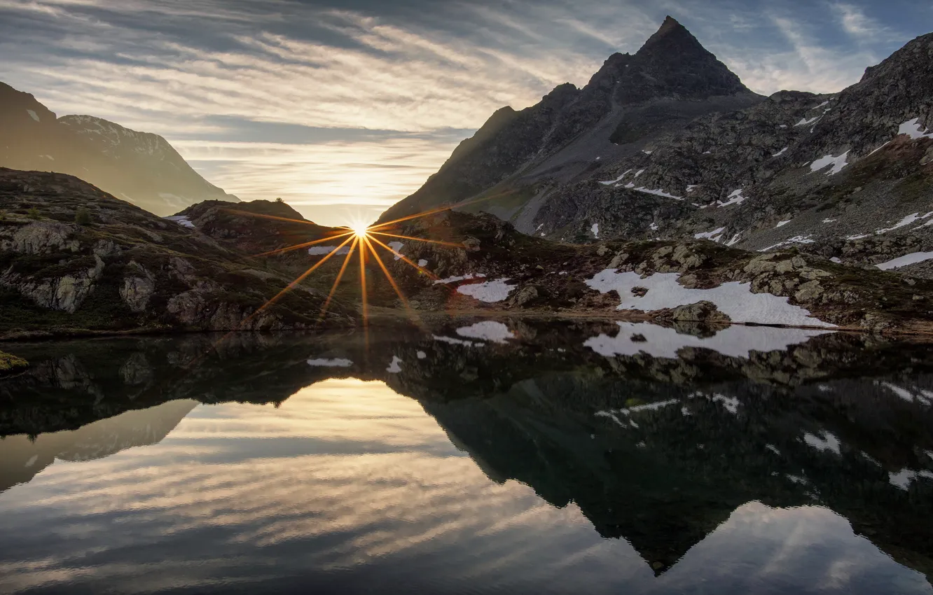 Photo wallpaper the sky, the sun, clouds, rays, snow, landscape, mountains, nature