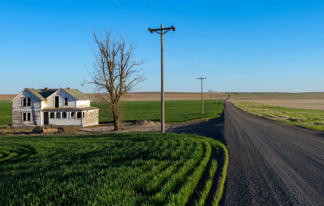 Photo wallpaper road, field, house