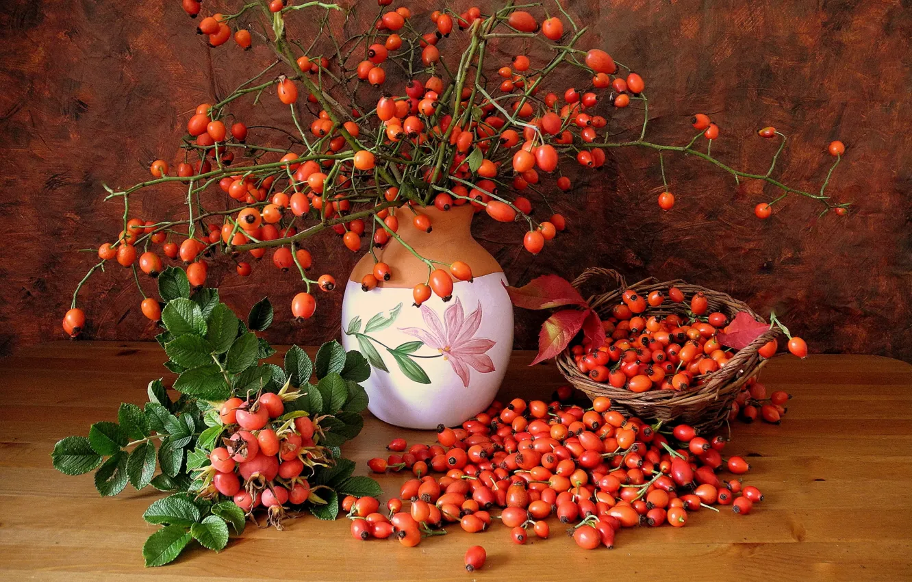 Photo wallpaper berries, basket, briar, vase