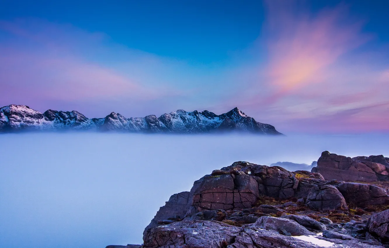 Photo wallpaper the sky, clouds, mountains, fog, rocks, top