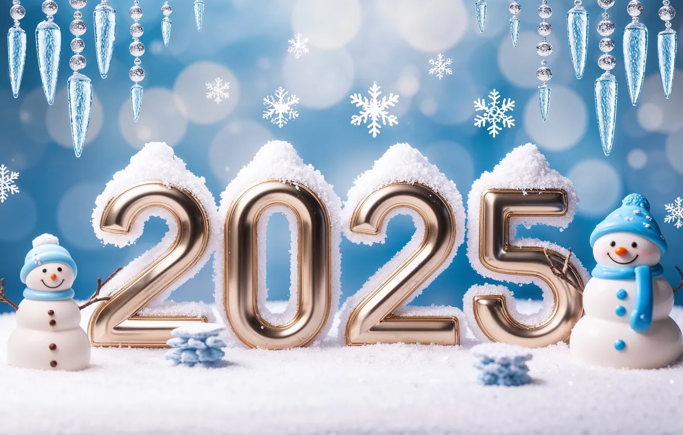 Photo wallpaper snow, decoration, snowflakes, new year, figures, golden, winter, snow