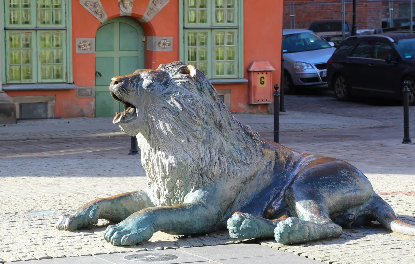 Photo wallpaper lion, street, Monument, statua