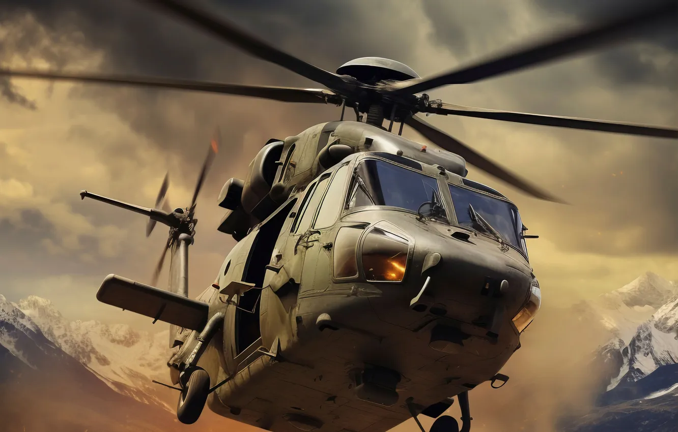 Photo wallpaper Helicopter, The rise, Digital art, AI art, The Art of Artificial Intelligence, Neural network, War …