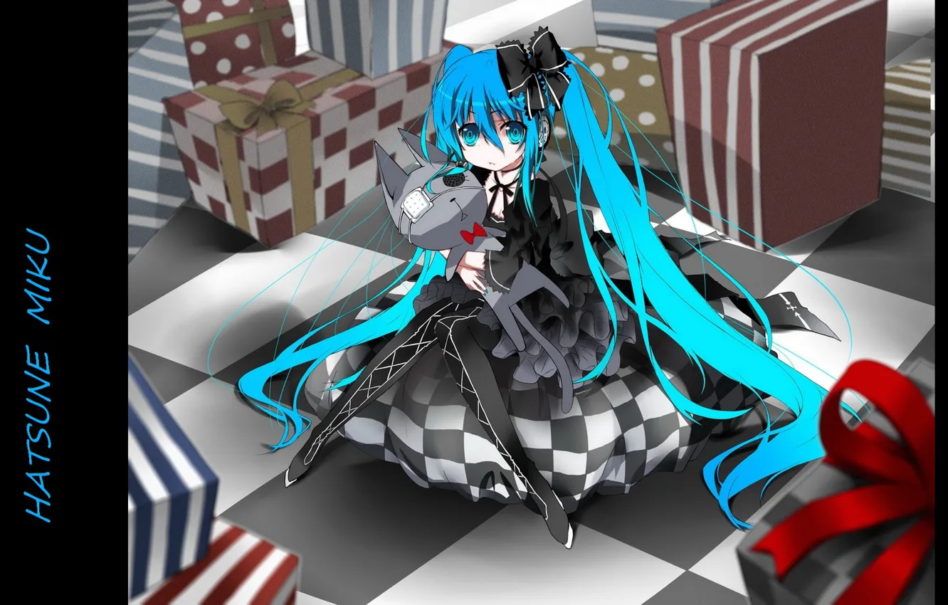 Photo wallpaper strips, box, gift, pillow, vocaloid, black dress, hatsune miku, bow