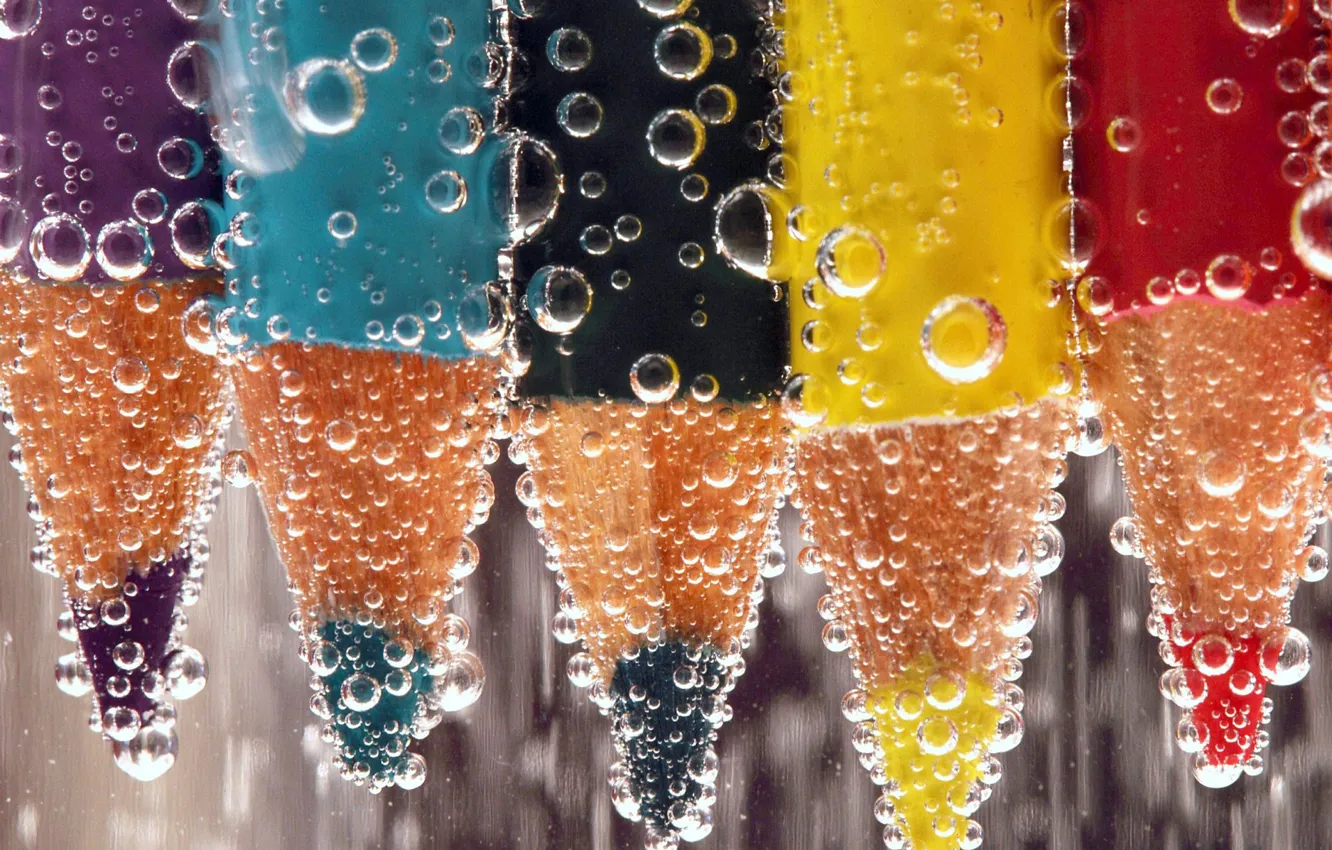 Photo wallpaper water, bubbles, liquid, pencils