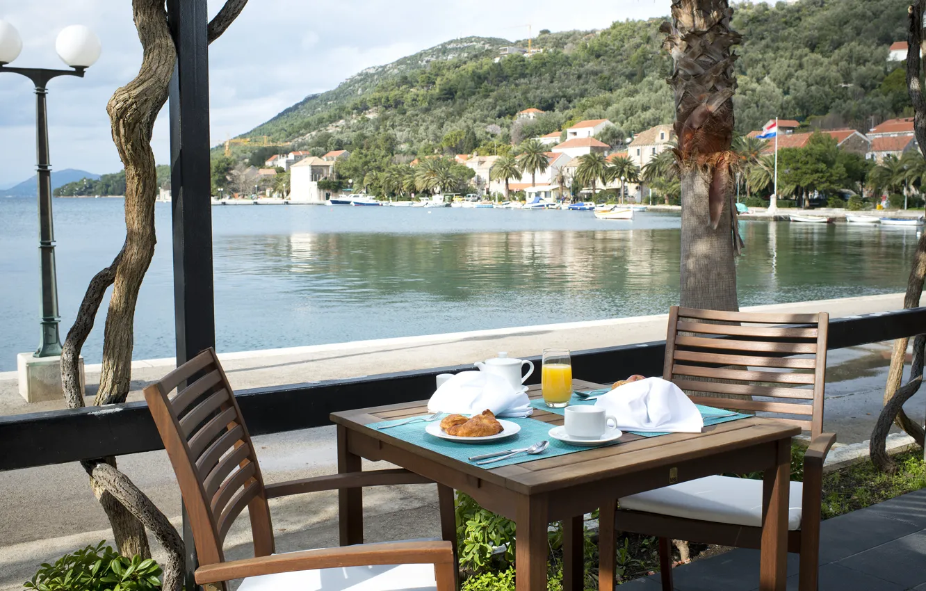 Photo wallpaper sea, view, food, Breakfast, terrace