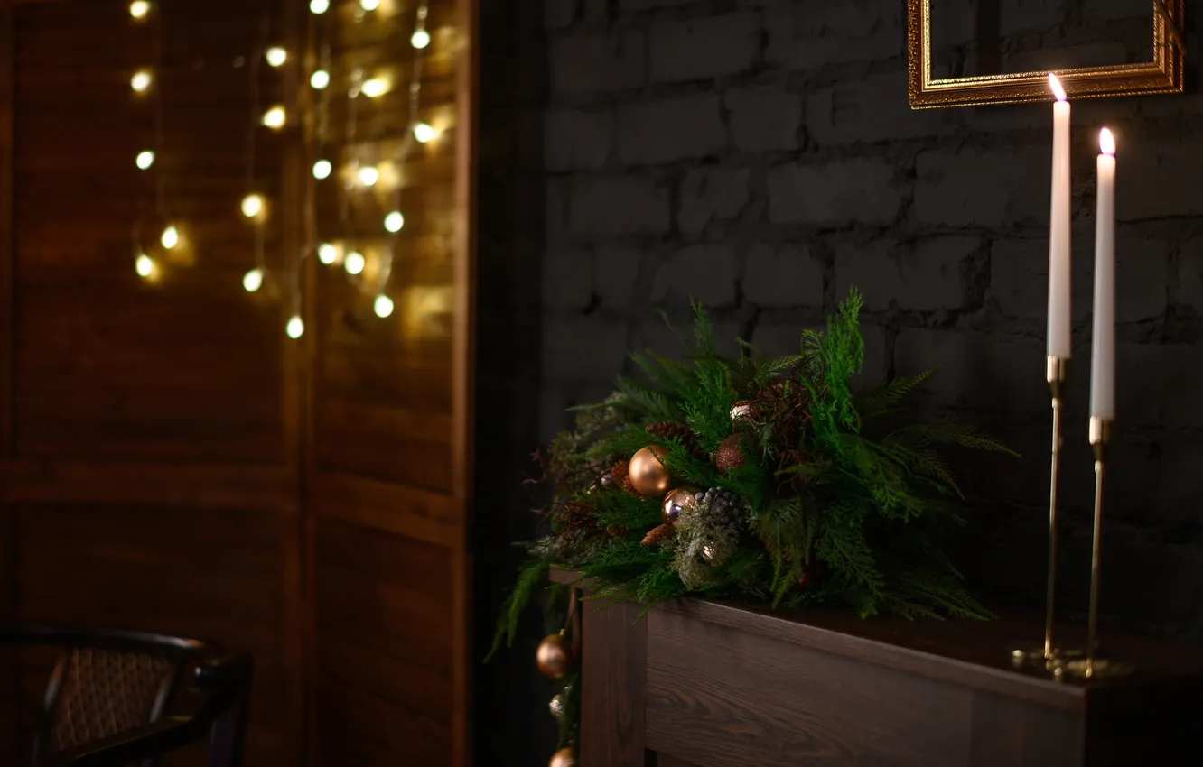 Photo wallpaper balls, candles, Christmas, New year, garland, composition, Alexander Parkhomenko