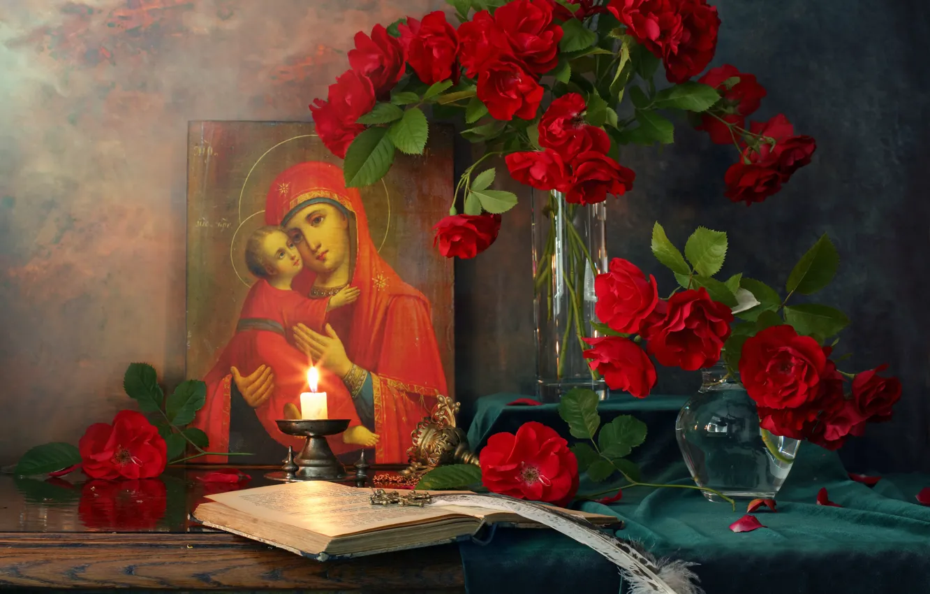Photo wallpaper flowers, pen, roses, candle, book, vase, religion, icon