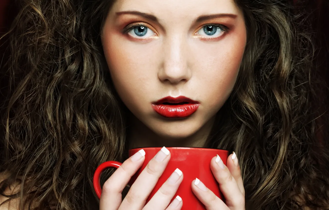 Photo wallpaper look, girl, mug, brown hair, blue-eyed