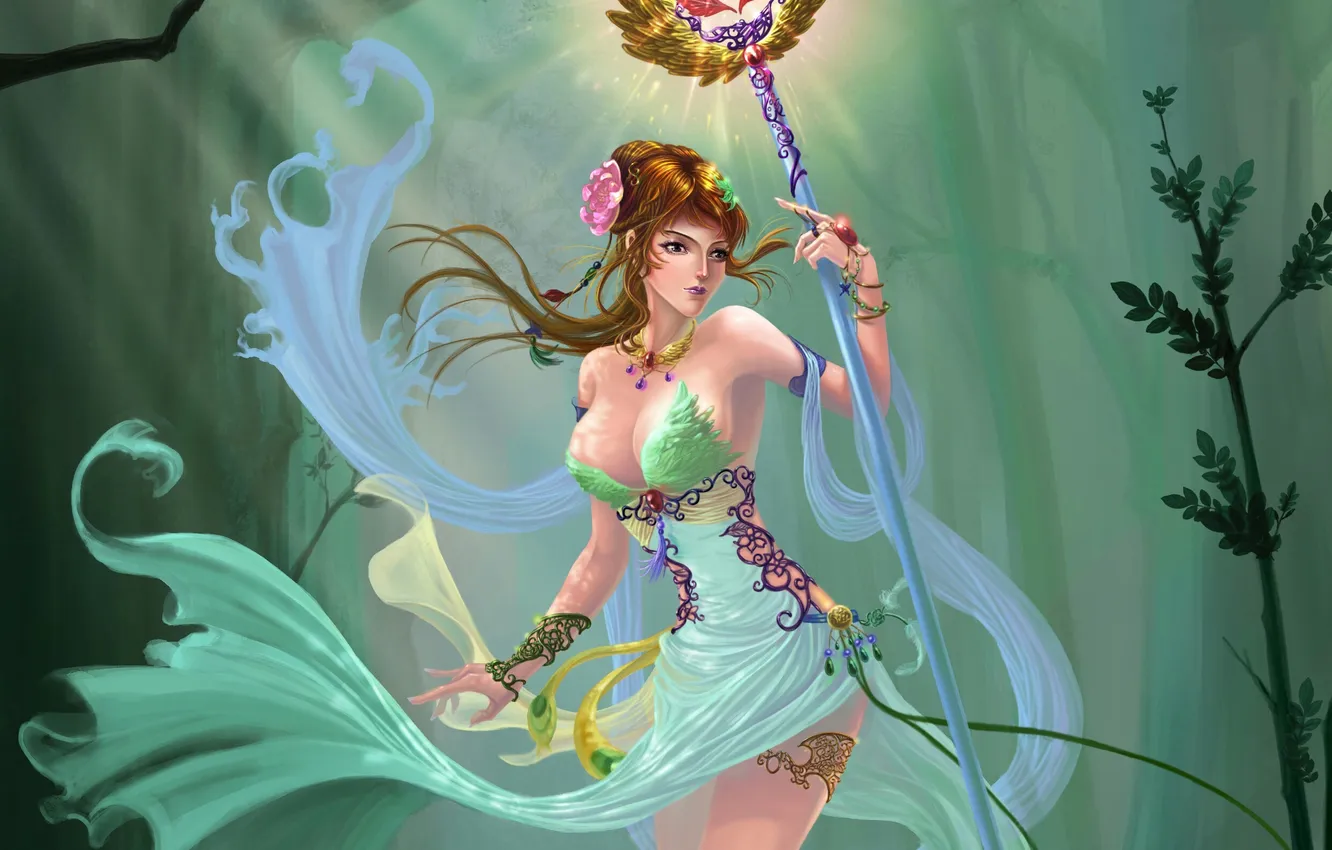 Photo wallpaper girl, trees, nature, staff