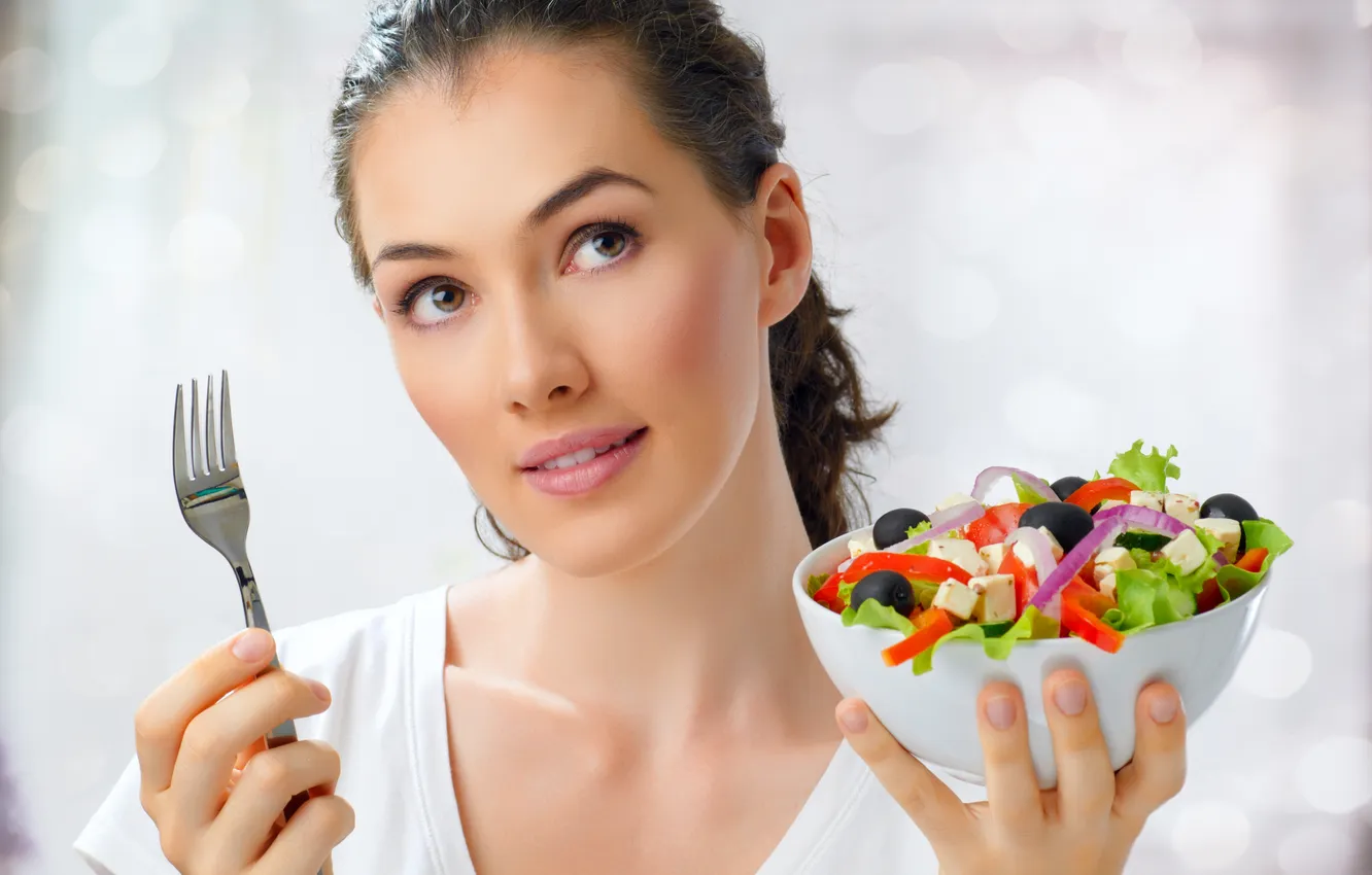 Photo wallpaper look, girl, cheese, Mike, bow, plate, brown hair, plug