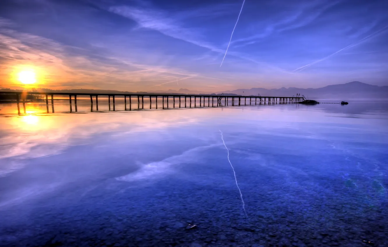 Photo wallpaper landscape, sunset, bridge, lake