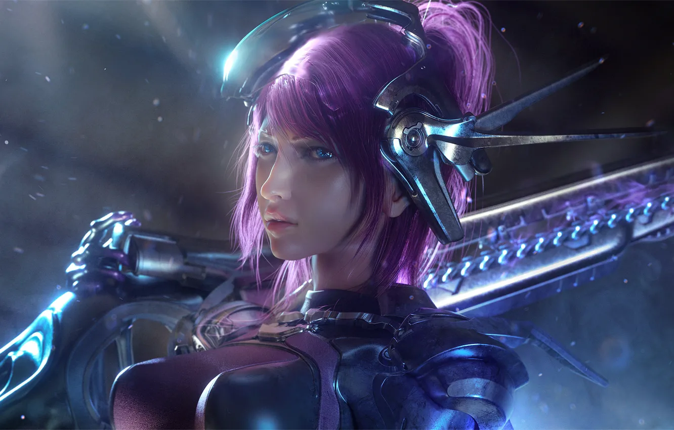 Photo wallpaper chest, look, girl, face, fiction, pink, cyborg