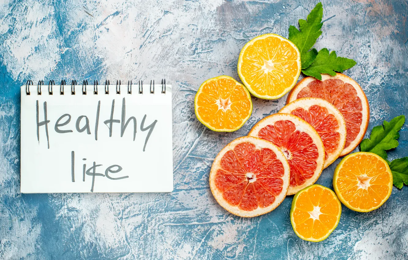 Photo wallpaper leaves, orange, Notepad, citrus, fruit, blue background, grapefruit, slices