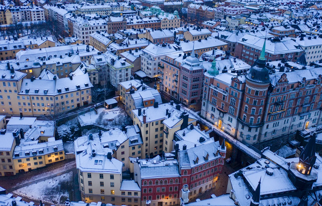 Photo wallpaper winter, road, roof, snow, the city, lights, building, home