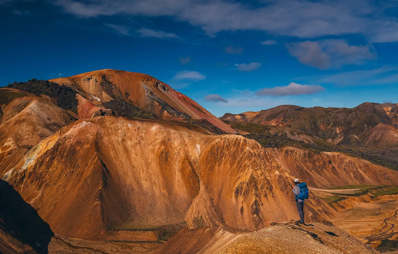 Photo wallpaper clouds, mountains, blue, rocks, people, slope, tourists