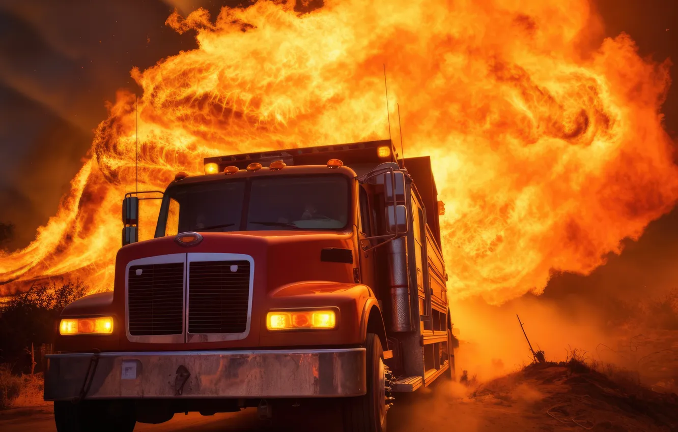 Photo wallpaper machine, lights, fire, smoke, Truck, digital art, AI art, The Art of Artificial Intelligence