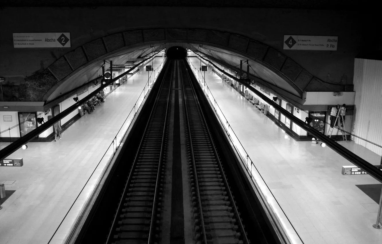 Photo wallpaper background, people, rails, black and white, the unknown, Metro
