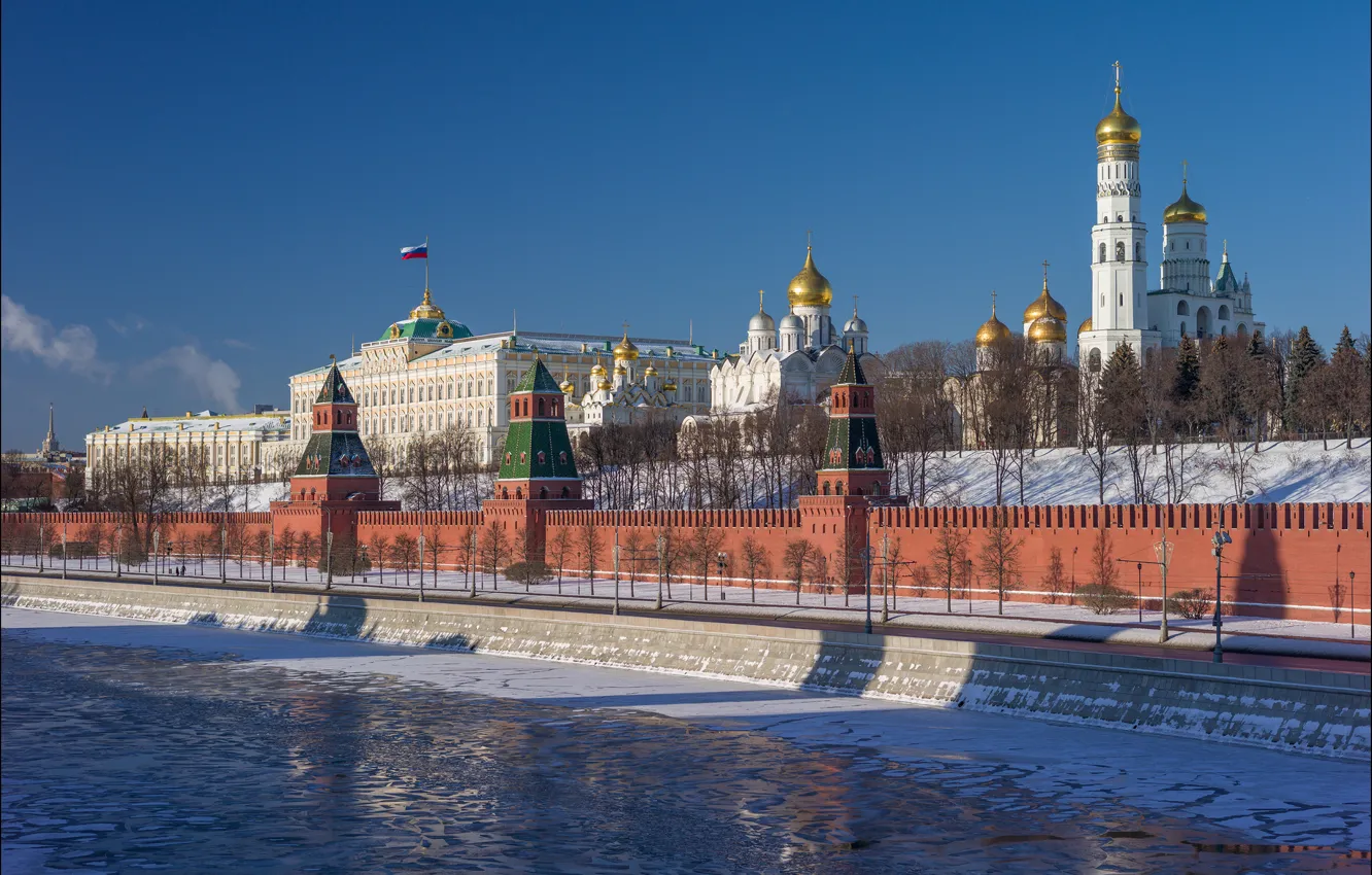 Photo wallpaper winter, river, Moscow, tower, Russia, promenade, temples, The Moscow river