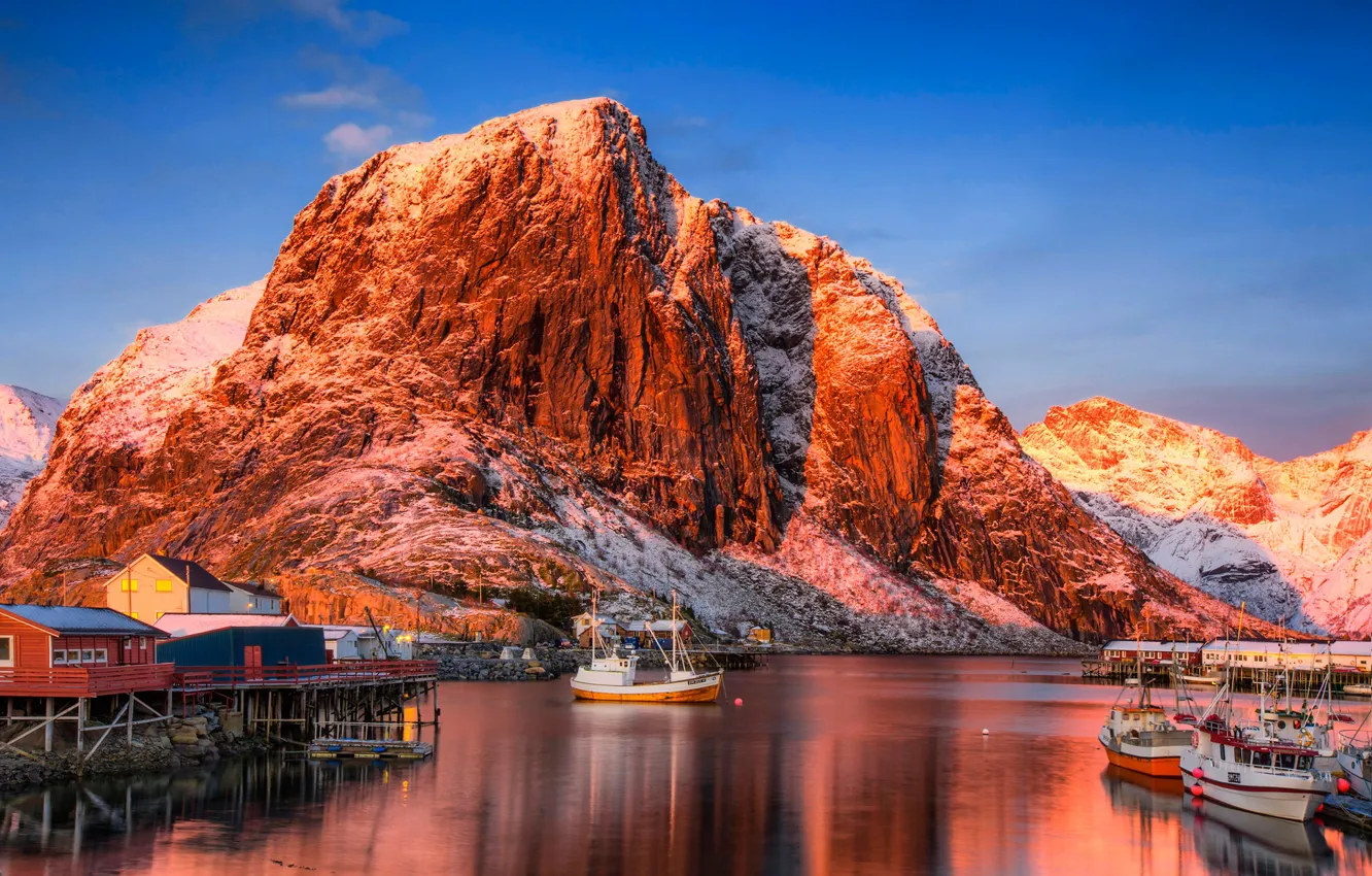 Photo wallpaper the sky, the sun, mountains, rocks, boat, Norway, boat, Bay