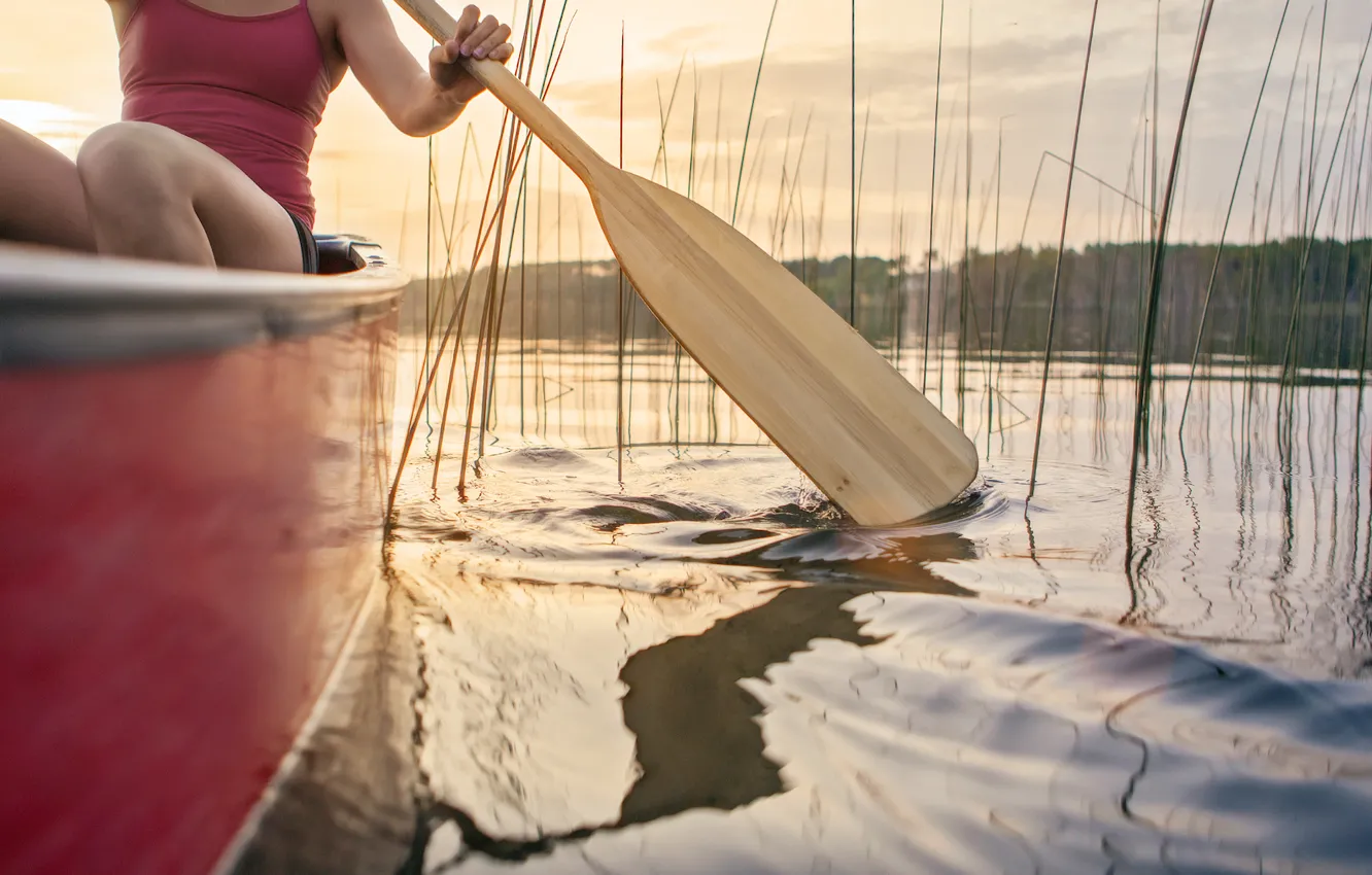 Photo wallpaper woman, adventure, canoeing, reeds