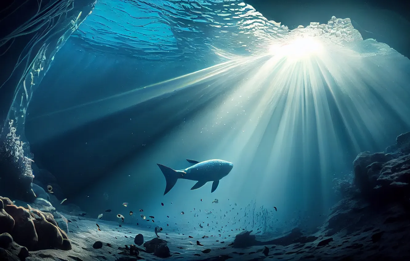 Photo wallpaper water, fish, underwater world, the rays of the sun, the grotto, digital art, AI art, …