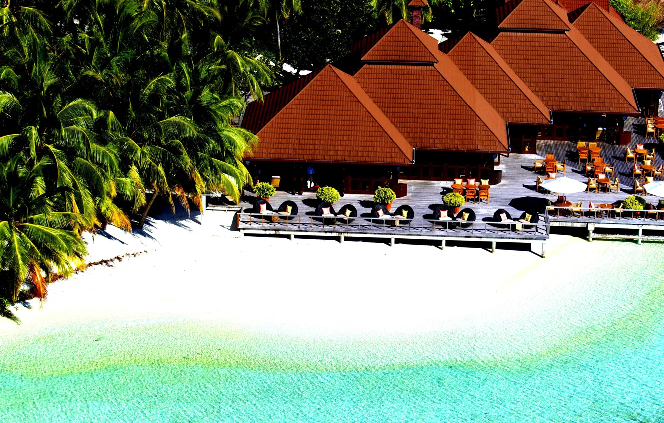 Photo wallpaper beach, palm trees, the ocean, resort, white sand, Seychelles