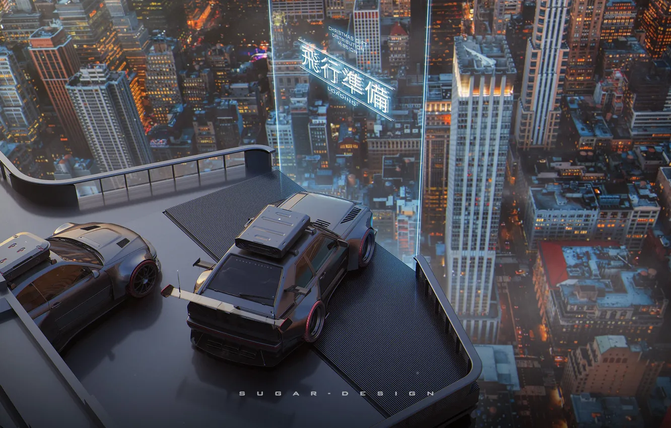 Photo wallpaper machine, auto, city, the city, rendering, graphics, skyscrapers, art