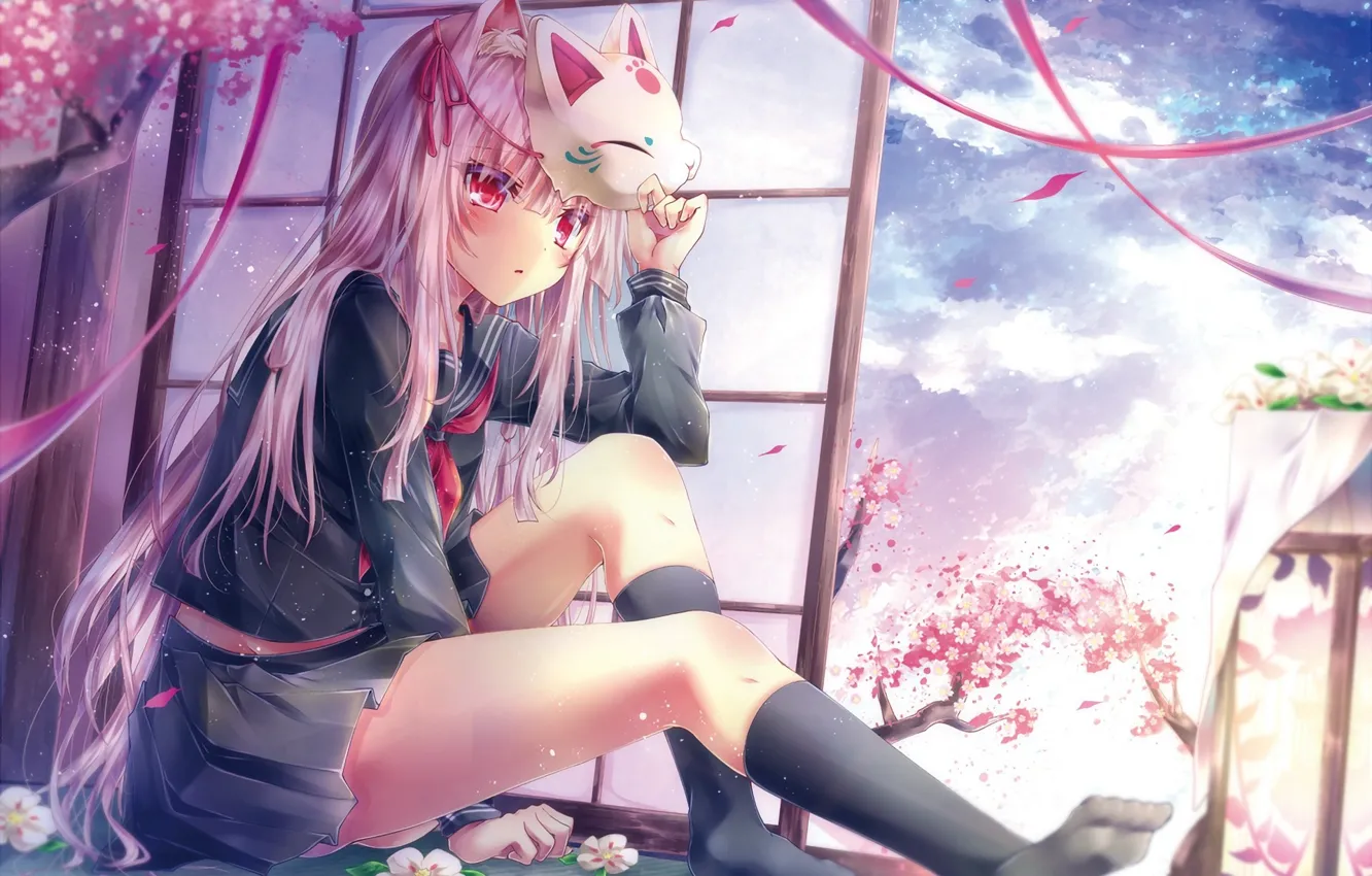 Photo wallpaper the sky, girl, clouds, flowers, tape, tree, anime, petals