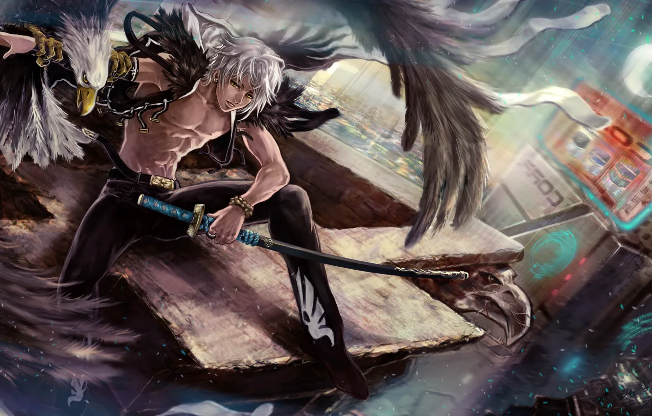 Photo wallpaper eagle, sword, guy, the hunter