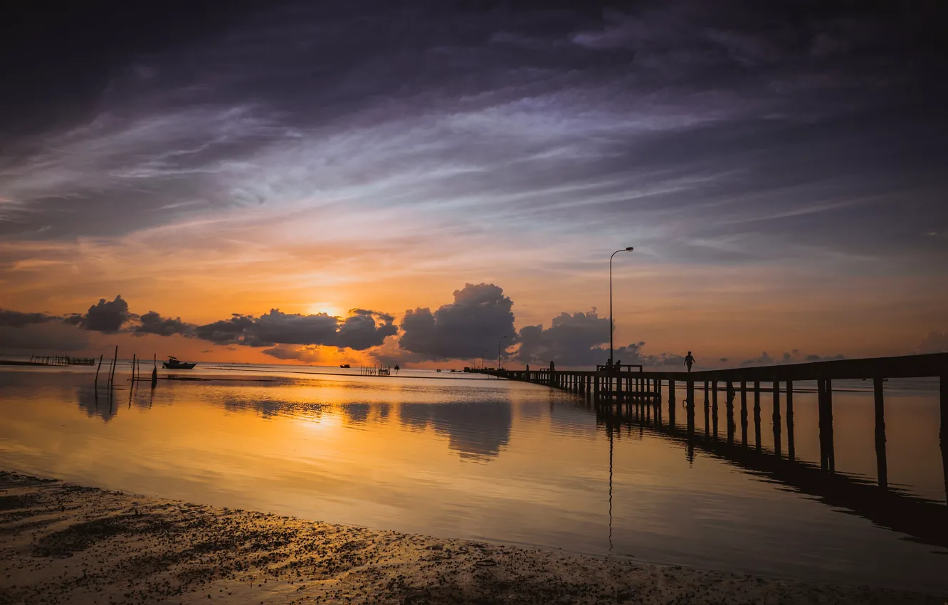 Photo wallpaper sand, sea, beach, the sky, the sun, clouds, sunset, clouds