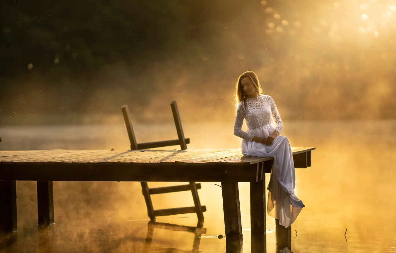 Photo wallpaper fog, lake, Sabina, Water lady