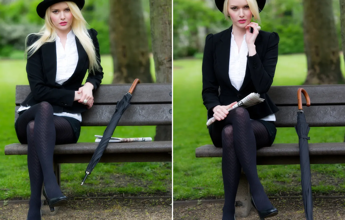 Photo wallpaper woman, pantyhose, bench