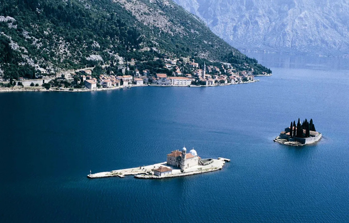 Photo wallpaper sea, Islands, Church, Bay, the monastery, Adriatica, Montenegro, Boca Smaller Broad