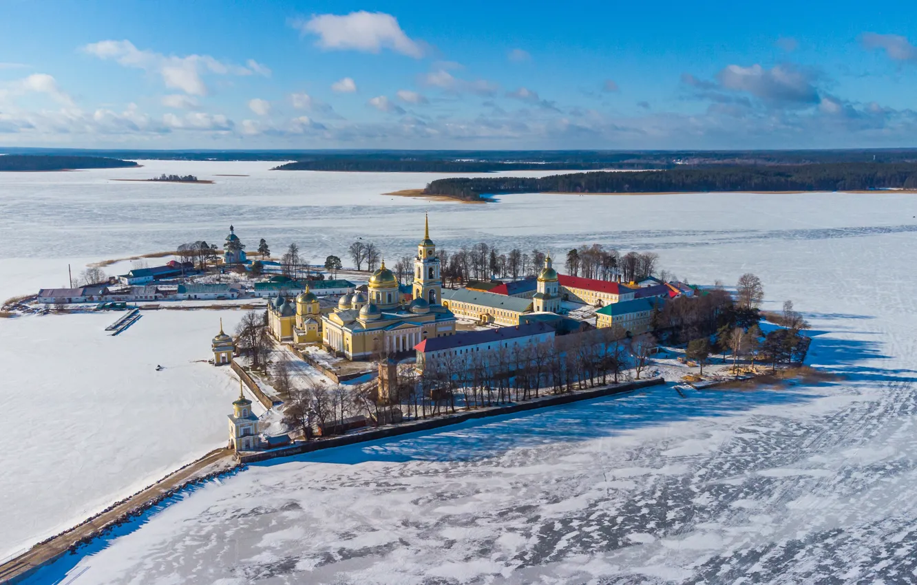 Photo wallpaper winter, island, Russia, the monastery, Nilo-Stolobenskaya Pustyn', Nilova Pustyn, frozen lake, Stolobny Island
