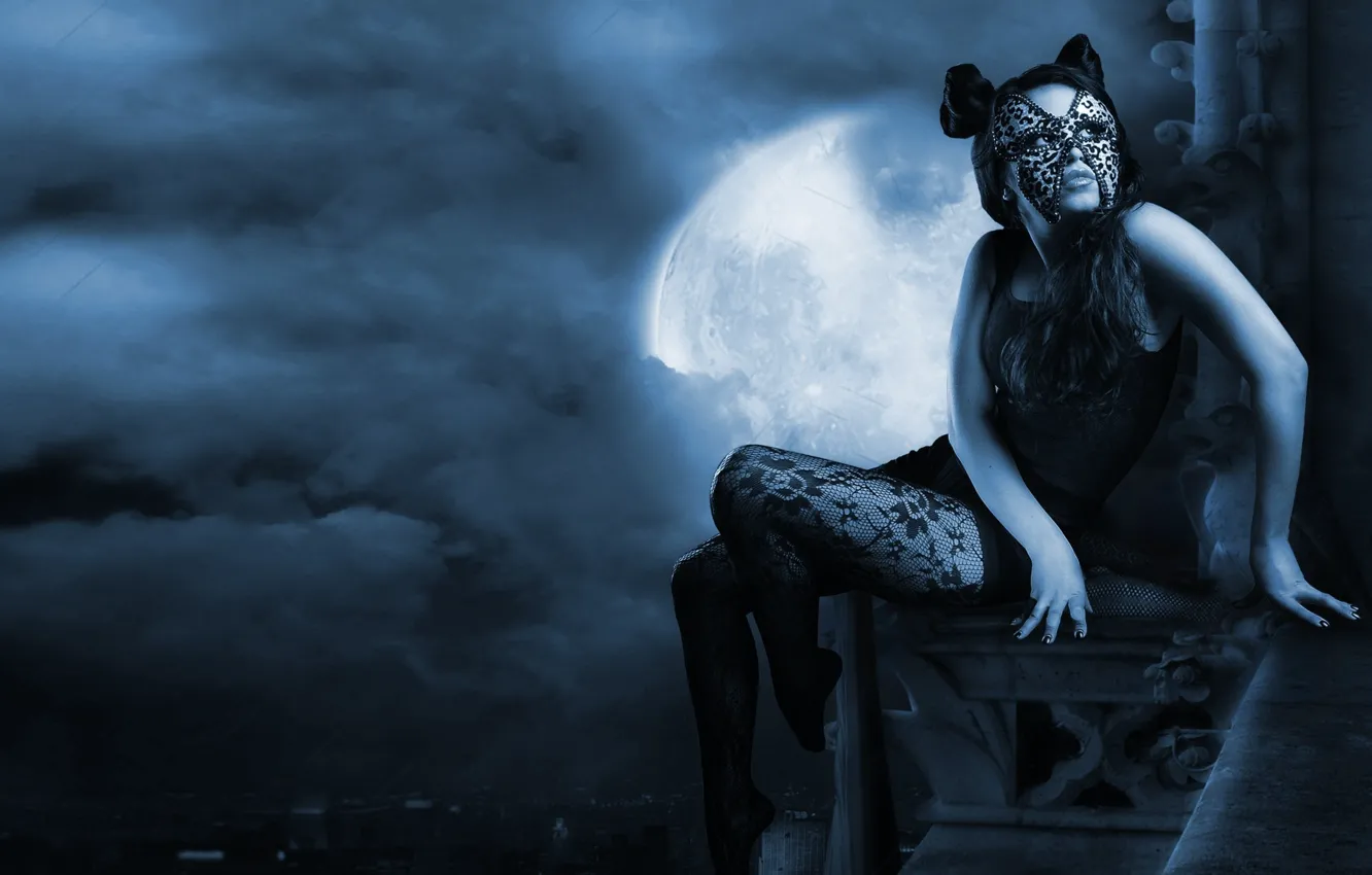 Photo wallpaper cat, look, girl, clouds, night, the city, mesh, the moon