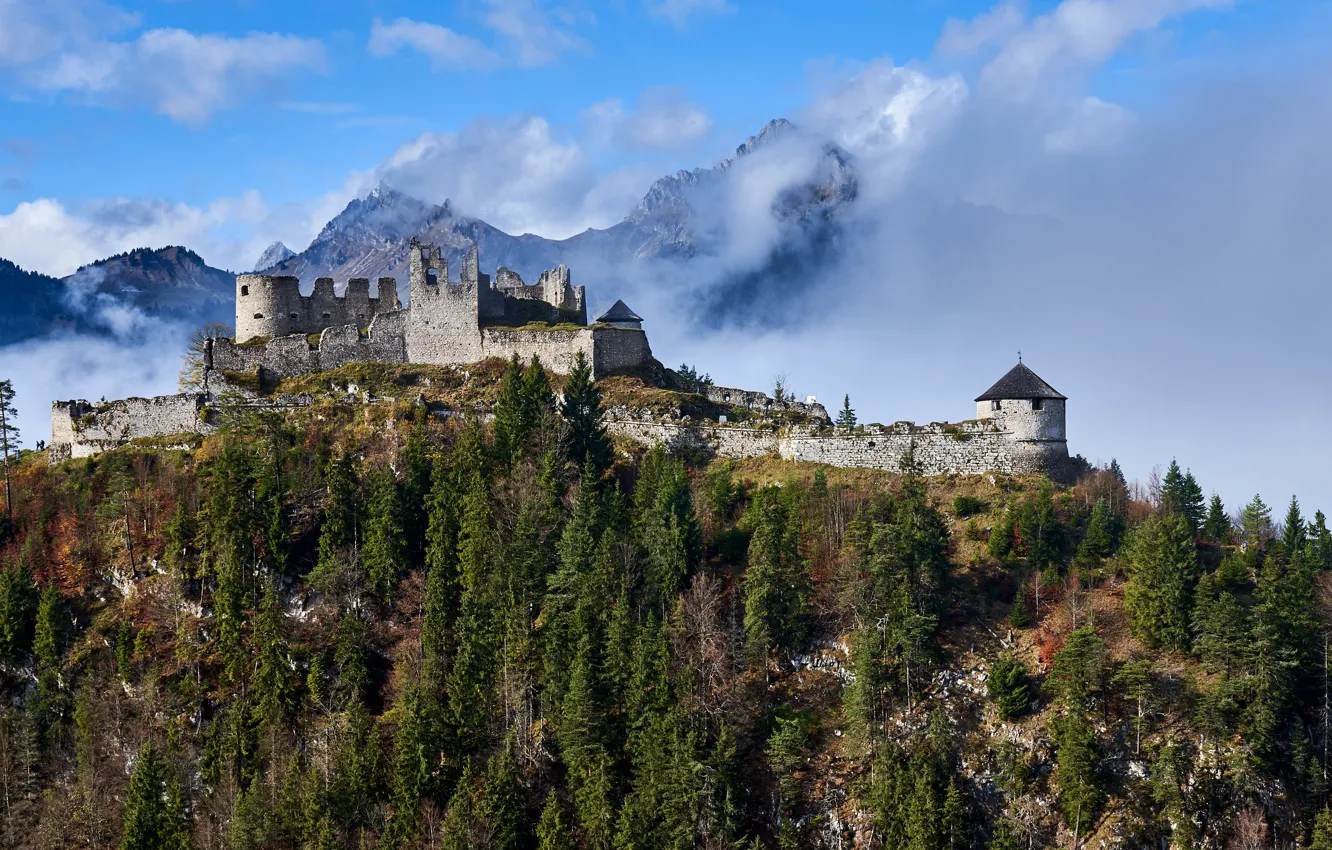 Photo wallpaper clouds, landscape, mountains, nature, castle, Austria, forest, Tyrol