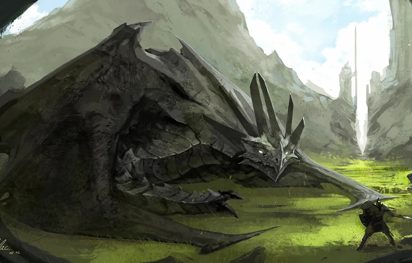 Photo wallpaper rocks, dragon, warrior, art, knight