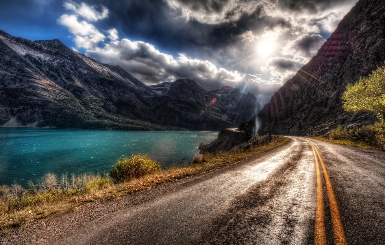Photo wallpaper road, the sun, mountains, clouds, river