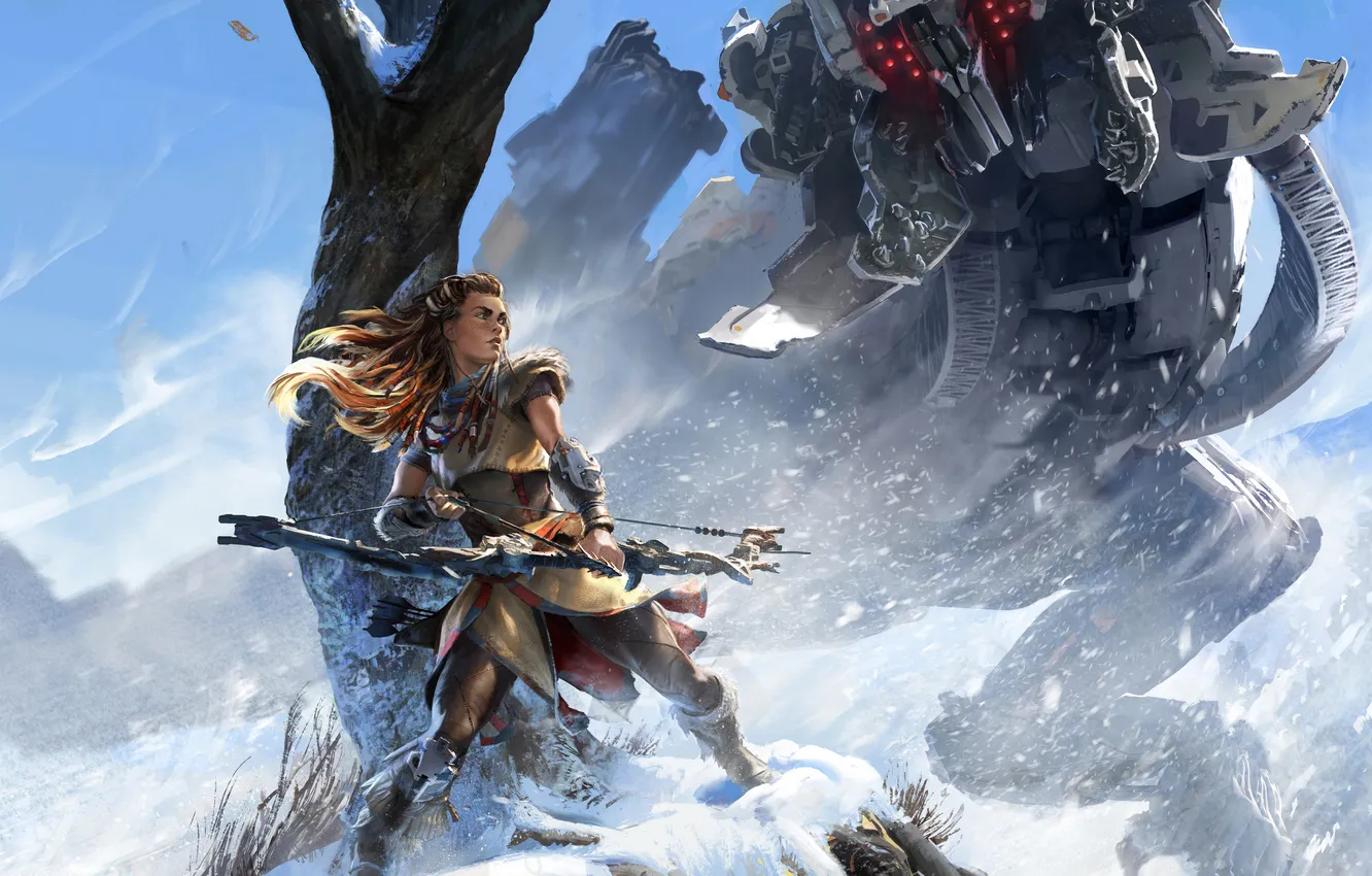 Photo wallpaper the sky, girl, snow, trees, robot, bow, red, beast