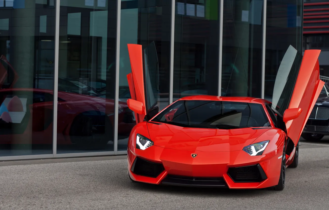 Photo wallpaper red, reflection, Windows, shadow, red, lamborghini, front view, aventador