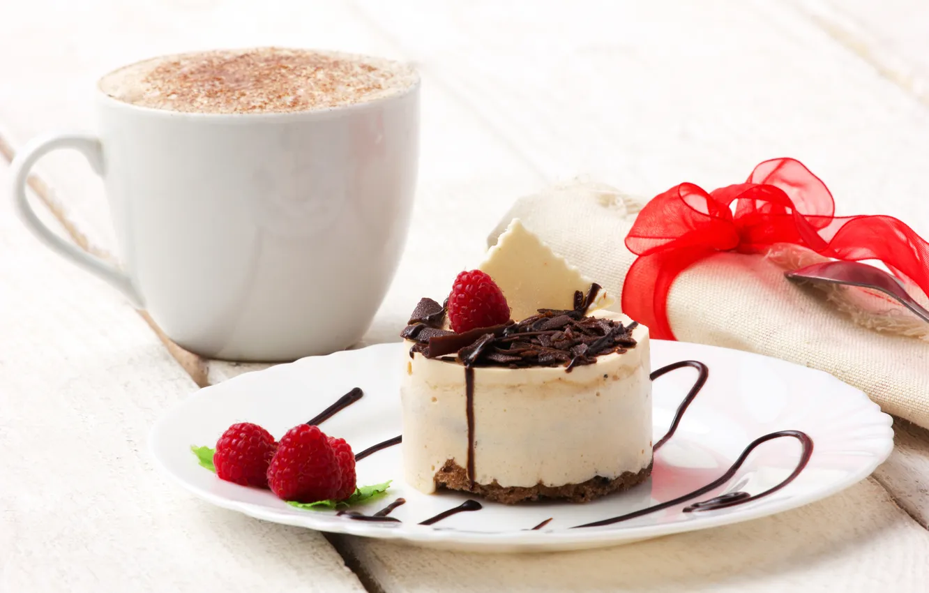 Photo wallpaper coffee, chocolate, cake, mint, dessert, foam, napkin, Malinka