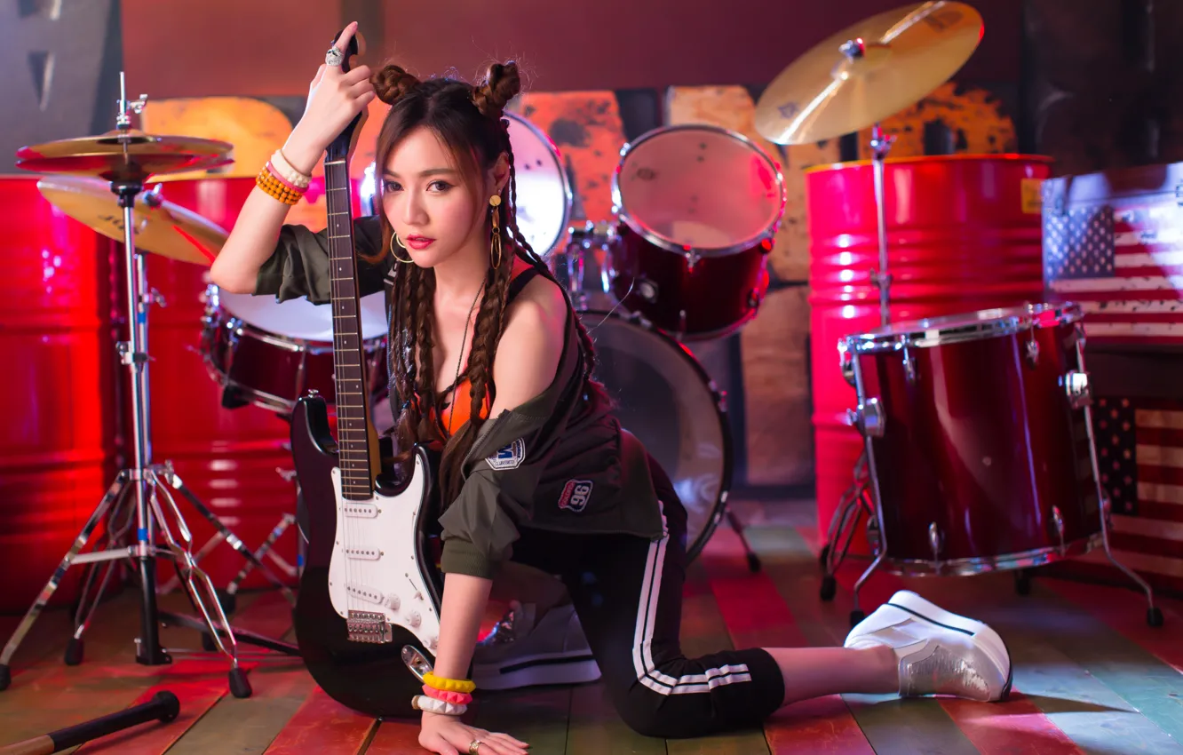 Photo wallpaper look, girl, face, pose, style, guitar, drum