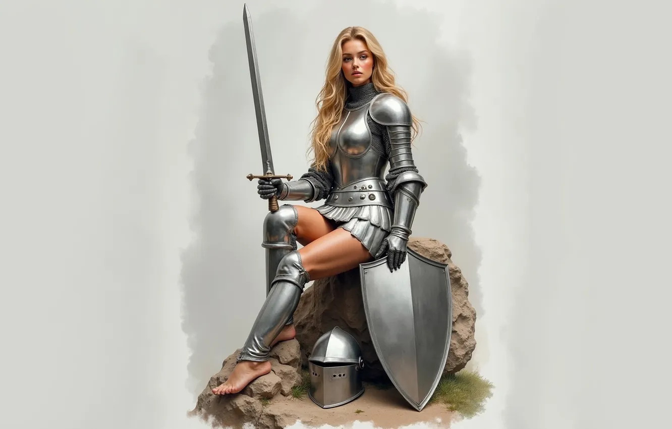 Photo wallpaper girl, stones, sword, shield